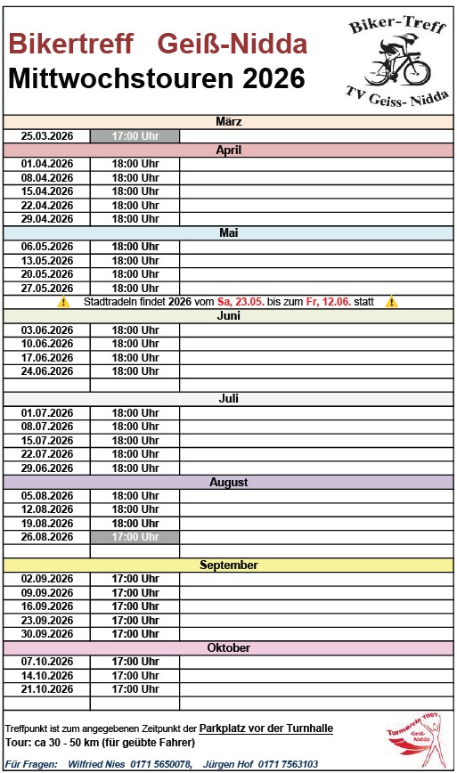 Die Terminliste der geplanten Mittwochstouren