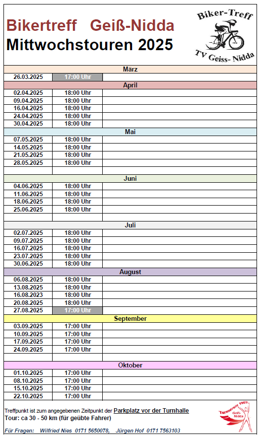 Die Terminliste der geplanten Mittwochstouren